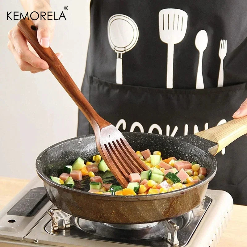 7/10 PCS Teak Wood Tableware Set Ladle Turner Rice Colander Soup Skimmer Cooking Spoons - Natural Kitchen Tools from Thailand
