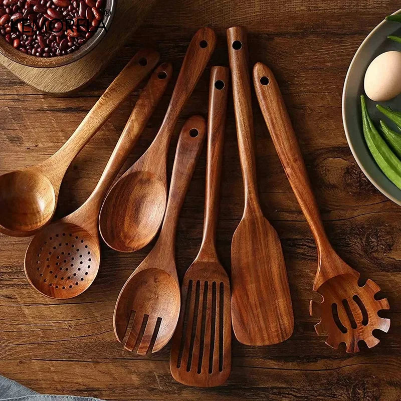 7/10 PCS Teak Wood Tableware Set Ladle Turner Rice Colander Soup Skimmer Cooking Spoons - Natural Kitchen Tools from Thailand